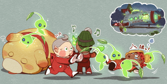 1girl, 2boys, ^^^, bandana, black_sclera, blonde_hair, blue_eyes, blush_stickers, boots, carrying, closed_eyes, collin_(pikmin), colored_sclera, colored_skin, commentary_request, cowlick, dark-skinned_female, dark-skinned_male, dark_skin, dog, dreaming, erma_shepherd, facial_mark, floppy_ears, from_behind, frown, ghost_tail, gloves, glow_pikmin, green_eyes, green_hair, green_skin, grey_hair, hair_bun, half-closed_eyes, head_mirror, helmet, holding_vial, jumpsuit, leaf, light_blue_background, motion_lines, multiple_boys, musical_note, night, no_headwear, oatchi_(pikmin), open_mouth, outstretched_arms, pikmin_(creature), pikmin_(series), pikmin_4, potsupo, radio_antenna, red_bandana, red_jumpsuit, running, s.s._beagle, seed, sleep_bubble, sleeping, solid_circle_eyes, space_helmet, spacesuit, sparkle, sweatdrop, thought_bubble, tongue, waking_up, white_footwear, white_gloves, wide-eyed, yellow_fur, yonny_(pikmin)