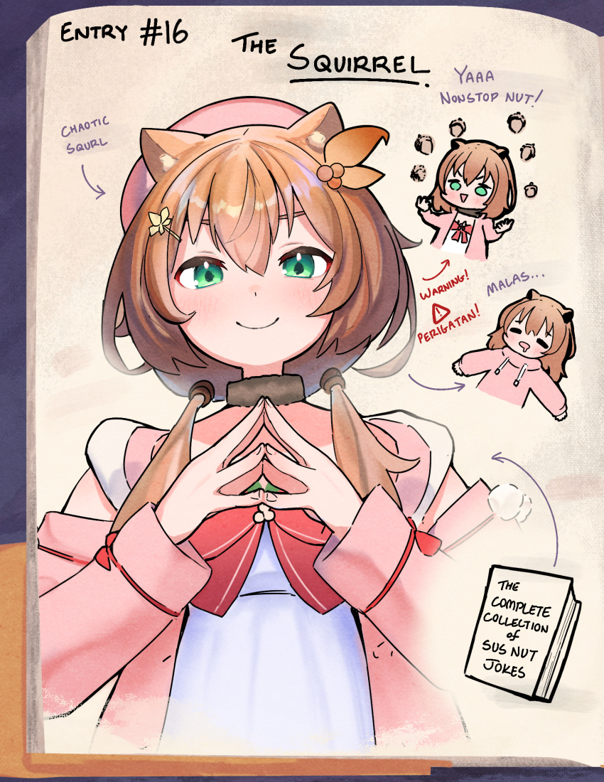 !, 1girl, acorn, animal_ears, arrow_(symbol), ayunda_risu, ayunda_risu_(1st_costume), beret, book, brown_hair, closed_eyes, dress, drooling, english_text, fur_choker, green_eyes, hair_ornament, hat, highres, hololive, hololive_indonesia, jacket, juggling, mouth_drool, nonstop_nut_november, pink_headwear, pink_jacket, pom_pom_(clothes), smile, squirrel_ears, squirrel_girl, steepled_fingers, taiyo_sketches, virtual_youtuber, white_dress