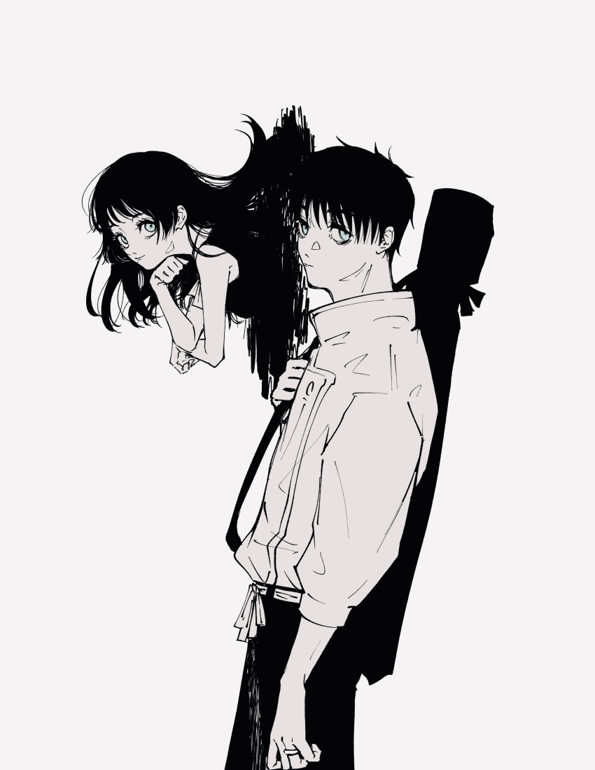 1boy, 1girl, absurdres, aqua_eyes, baggy_clothes, bare_shoulders, belt, belt_bow