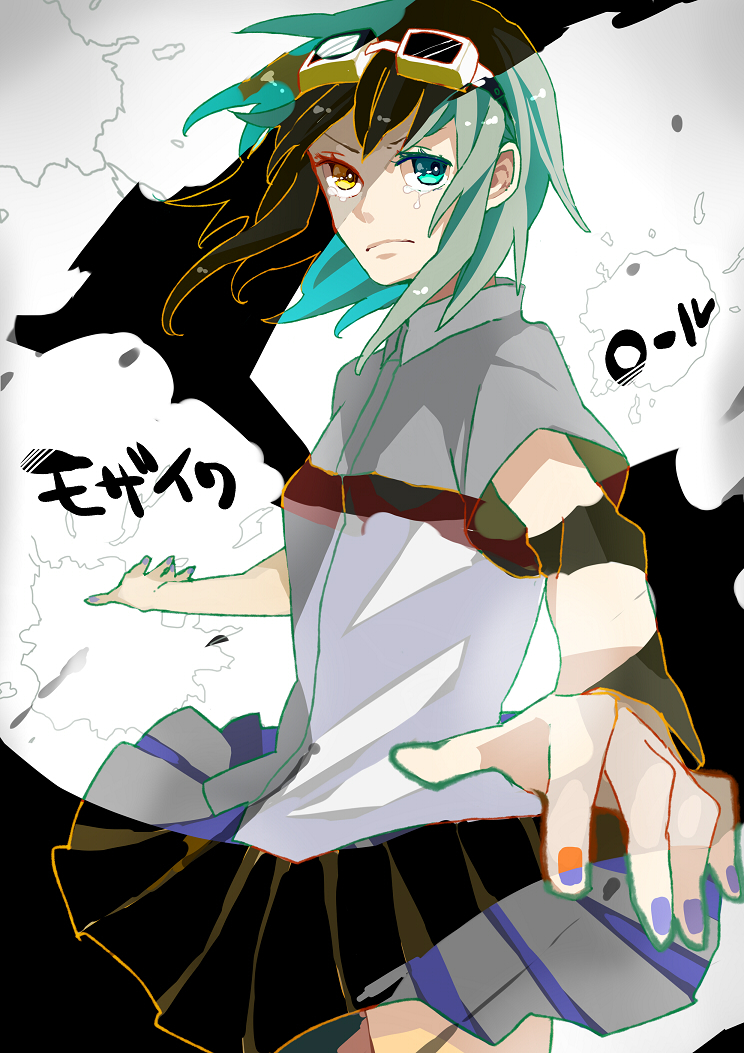 aqua_hair, black_hair, goggles, goggles_on_head, gumi, heterochromia, mosaic_roll_(vocaloid), nomo