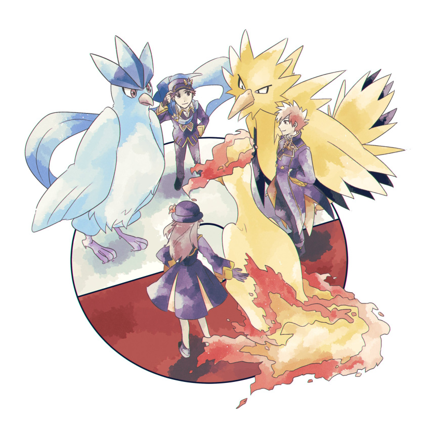 1girl, 2boys, absurdres, articuno, black_headwear, blue_oak, blue_oak_(champion), brown_eyes, brown_hair, fire, highres, kkhphpl, leaf_(champion)_(pokemon), leaf_(pokemon), moltres, multiple_boys, official_alternate_costume, pokemon, pokemon_(creature), pokemon_(game), pokemon_masters_ex, red_(champion)_(pokemon), red_(pokemon), simple_background, standing, tail, white_background, wings, zapdos