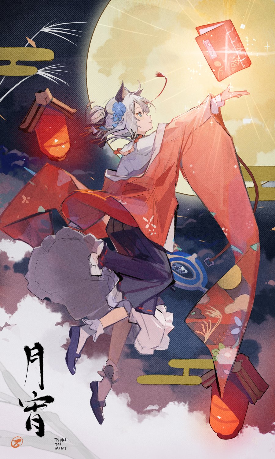 1girl, animal_ears, arknights, black_footwear, blue_eyes, blue_flower, book, chinese_text