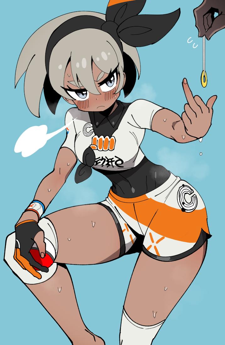 1girl, barefoot, bea_(pokemon), black_leotard, blue_background, dark_skin, grey_eyes, grey_hair