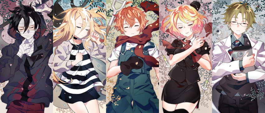 2girls, 3boys, bag, bandage_on_face, bandaged_hand, bandaged_head, bandaged_neck, bandages