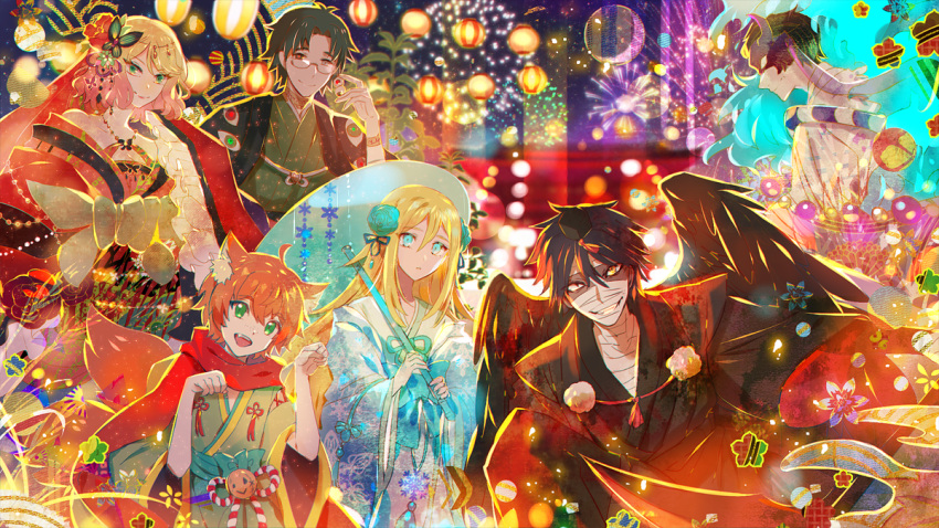 2girls, 4boys, :d, abraham_gray_(satsuriku_no_tenshi), aerial_fireworks, alternate_costume, animal_ears, aqua_flower