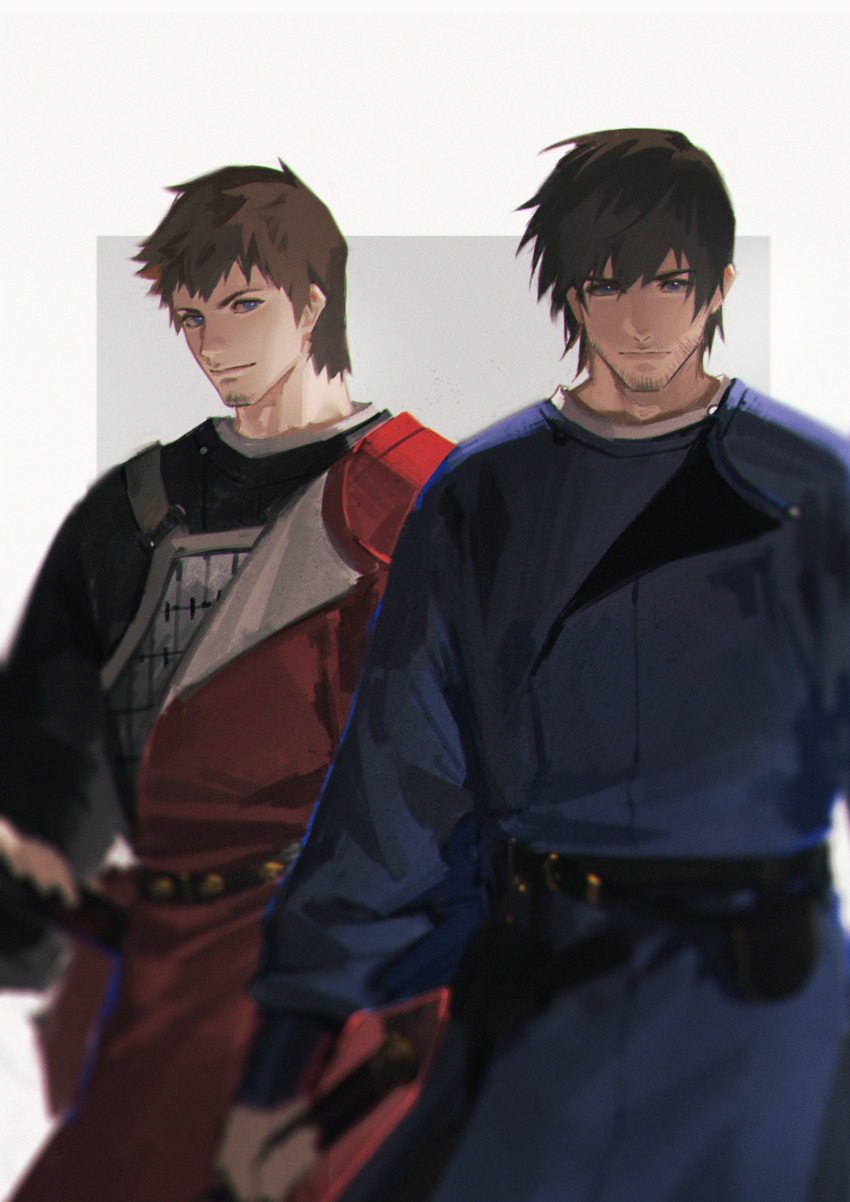 2boys, absurdres, adventurer_(ff14), ardbert_hylfyst, armor, blue_eyes, brown_hair, cowboy_shot