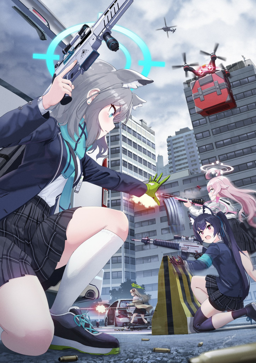 4girls, ahoge, aiming, aircraft, animal_ear_fluff, animal_ears, assault_rifle, battle