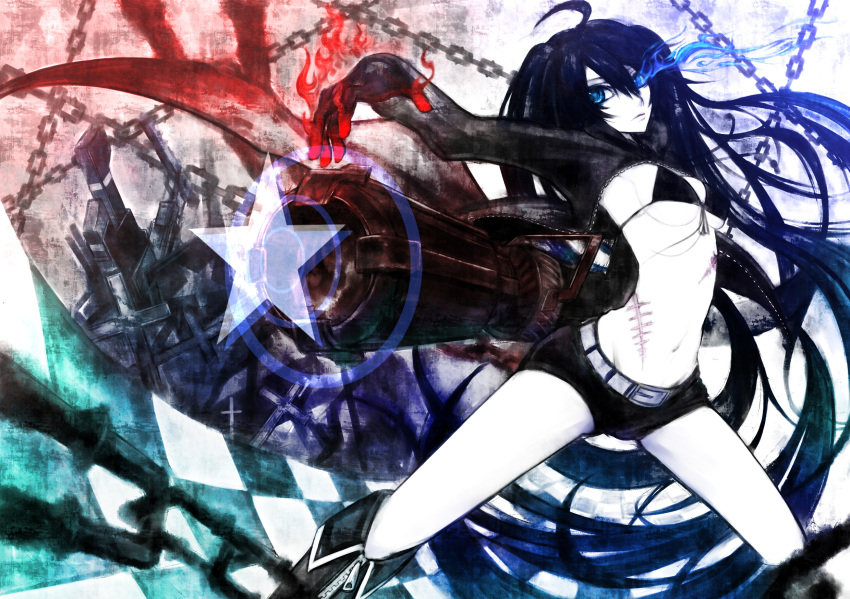 bikini_top, black_hair, black_rock_shooter, black_rock_shooter_(character), blue_eyes, boots, breasts, chain, giluziru, gloves, glowing, glowing_eyes, highres, long_hair, midriff, navel, pale_skin, scar, shorts, solo, star, twintails, under_boob, underboob, very_long_hair, weapon