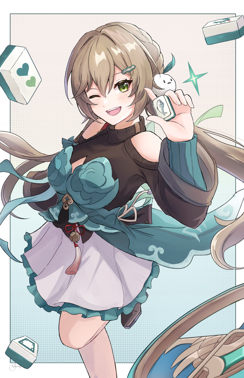 1girl, absurdres, black_footwear, border, breasts, cleavage_cutout, clothing_cutout, commentary, dress, gradient_background, green_eyes, hair_between_eyes, hair_ornament, hairpin, hand_up, heart, highres, holding, honkai:_star_rail, honkai_(series), kato_yuurina, layered_dress, light_blush, light_brown_hair, long_hair, long_sleeves, mahjong, mahjong_tile, medium_breasts, one_eye_closed, outside_border, polka_dot, polka_dot_background, qingque_(honkai:_star_rail), signature, solo, standing, standing_on_one_leg, teeth, turtleneck, white_border