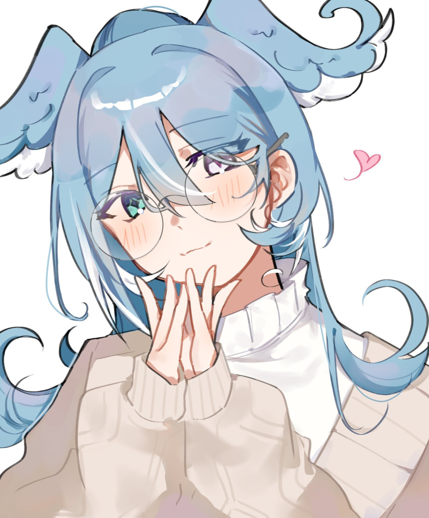 1girl, blue_hair, blue_wings, brown_cardigan, cardigan, elira_pendora, elira_pendora_(3rd_costume), glasses