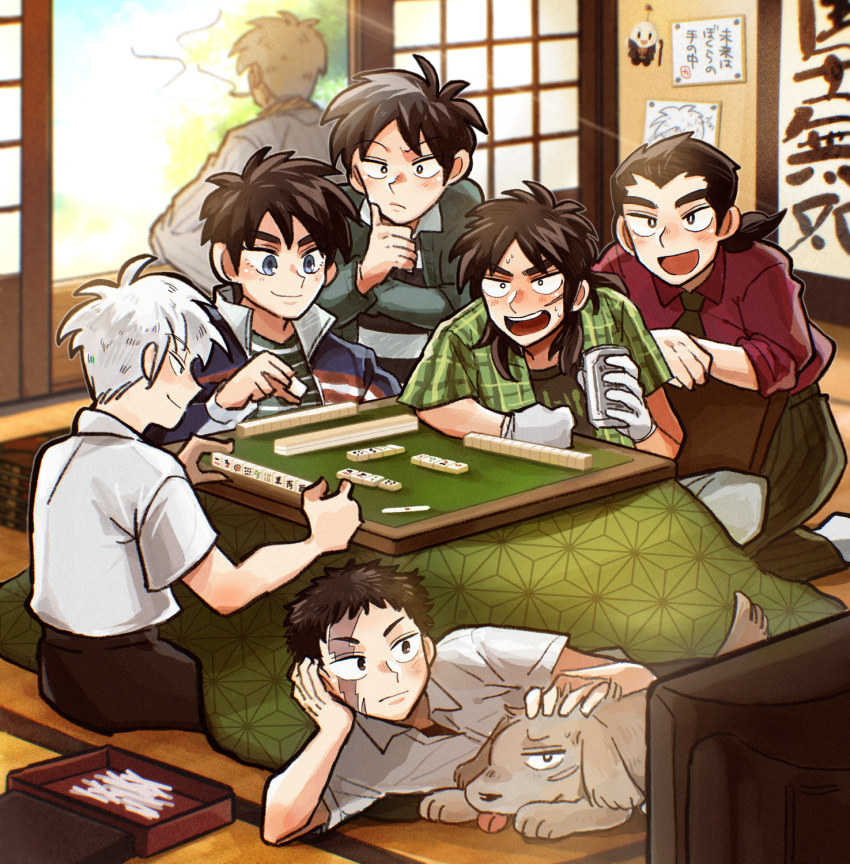 6+boys, :d, akagi:_yami_ni_oritatta_tensai, akagi_shigeru, asa_no_ha_(pattern), beer_can, black_eyes, black_hair, black_necktie, black_shirt, blue_eyes, bright_pupils, buraiden_gai, can, cigarette, closed_mouth, commentary_request, dog, drunk, dual_persona, full_body, gin_to_kin, gloves, green_shirt, hair_slicked_back, highres, igawa_hiroyuki, indoors, itou_kaiji, jacket, kaiji, keroko_(keroooon), kudou_gai, letterman_jacket, long_hair, looking_at_another, low_ponytail, mahjong, mahjong_tile, male_focus, medium_bangs, morita_tetsuo, multiple_boys, necktie, open_clothes, open_mouth, open_shirt, petting, plaid, plaid_shirt, red_shirt, scar, scar_across_eye, scar_on_cheek, scar_on_face, shirt, short_bangs, short_hair, short_sleeves, shouji, sitting, sliding_doors, smile, smoking, striped, striped_shirt, tatami, teeth, television, ten_(manga), tenbou, thinking, tobaku_haouden_zero, ukai_zero, upper_teeth_only, washizu_iwao, watching_television, white_gloves, white_hair, white_pupils, white_shirt