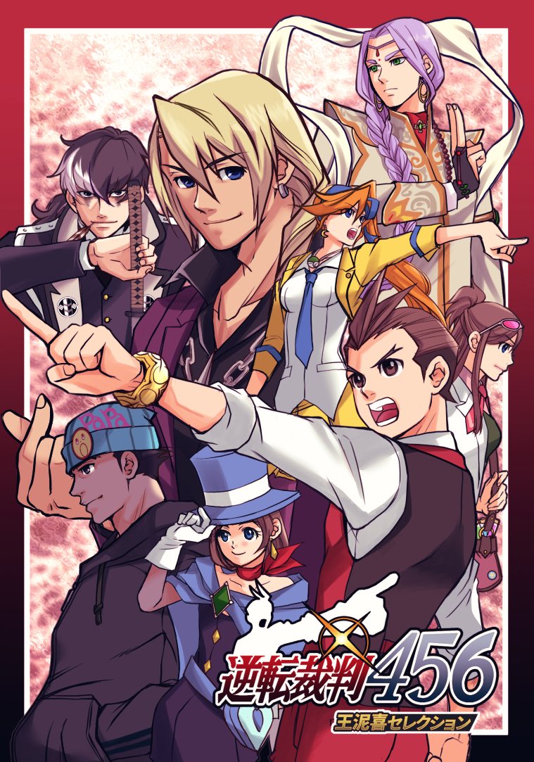 3girls, 5boys, ace_attorney, apollo_justice, athena_cykes, bag, beanie, black_bridal_gauntlets