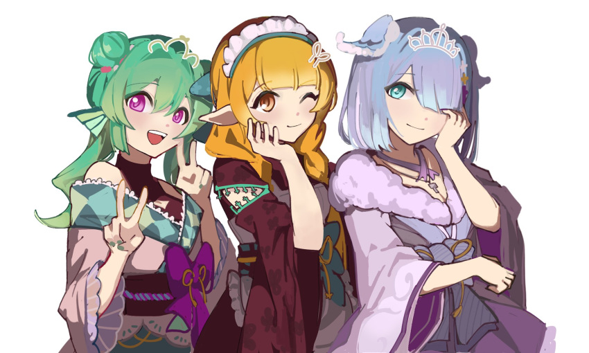 3girls, aqua_eyes, black_kimono, black_sash, blonde_hair, blue_hair, bow, braid, brown_eyes, double_bun, double_v, elira_pendora, elira_pendora_(2nd_costume), finana_ryugu, finana_ryugu_(2nd_costume), green_hair, hair_bun, hair_over_one_eye, hand_on_own_cheek, hand_on_own_face, highres, japanese_clothes, kimono, large_bow, long_hair, maid, multiple_girls, nijisanji, nijisanji_en, off_shoulder, official_alternate_costume, official_alternate_hairstyle, one_eye_closed, pomu_rainpuff, pomu_rainpuff_(2nd_costume), purple_bow, sash, short_kimono, simple_background, twin_braids, twintails, v, violet_eyes, virtual_youtuber, wa_maid, white_background, white_kimono, wusuki_(wuqin_wusuki)