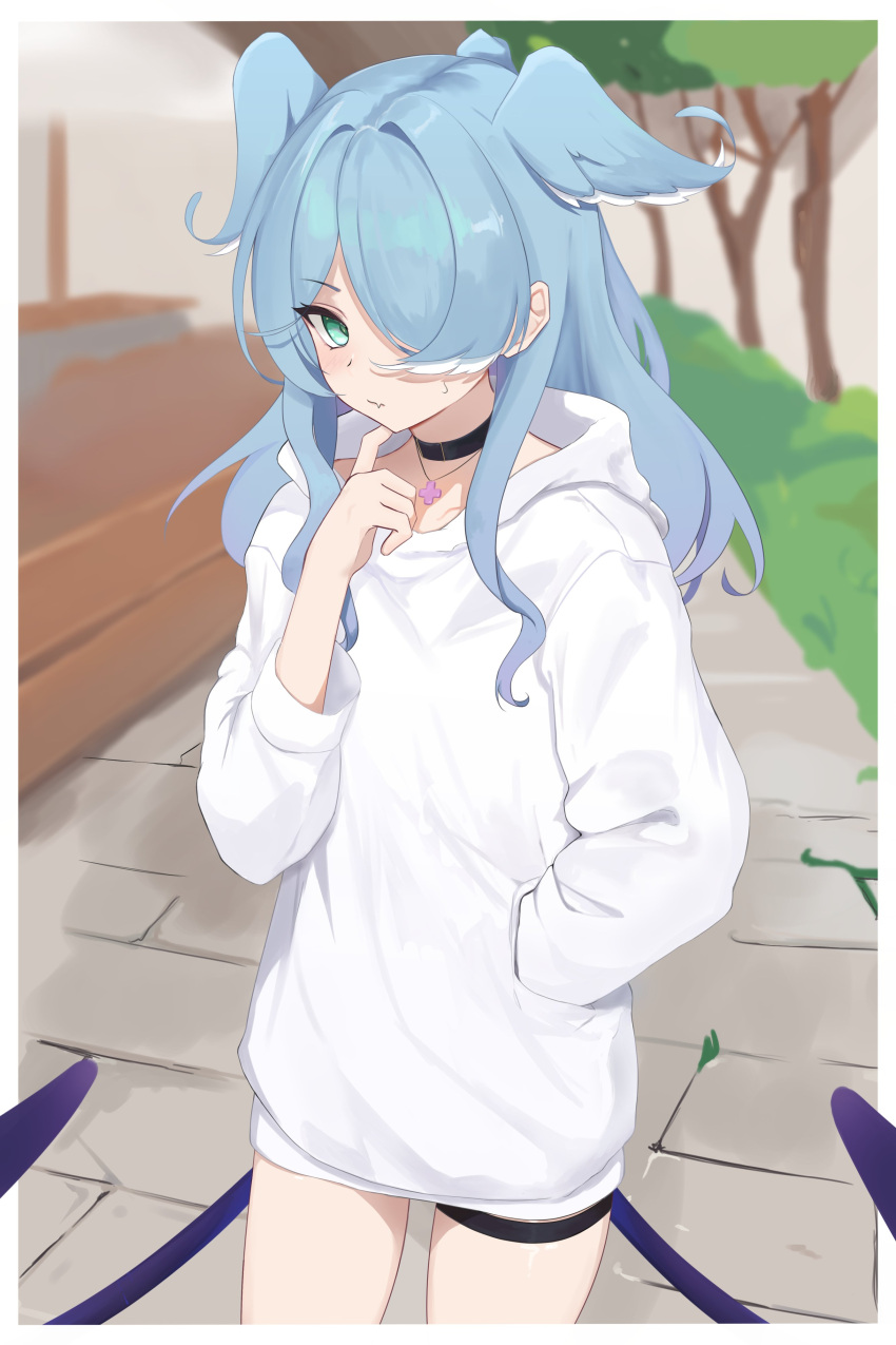 1girl, absurdres, alternate_costume, aqua_eyes, black_choker, blue_hair, blue_wings, choker