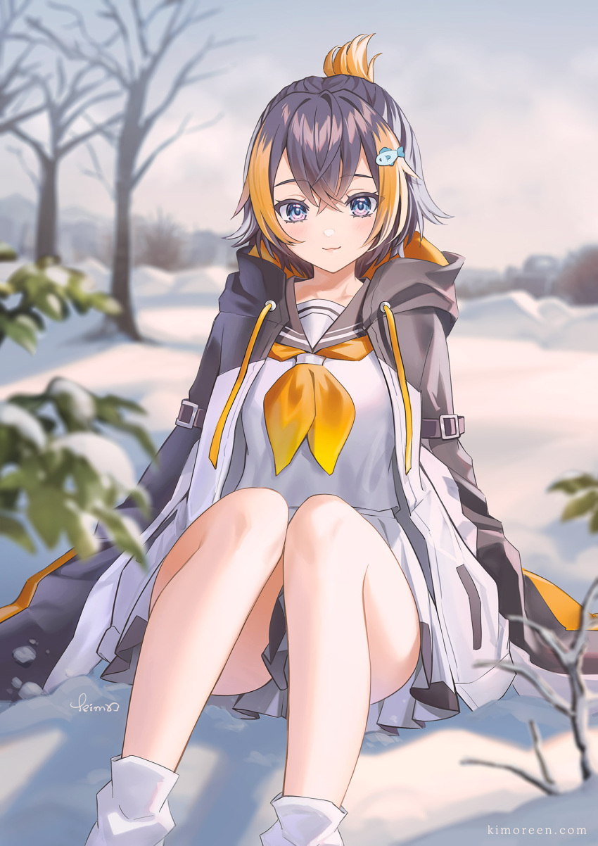 1girl, black_hair, black_hoodie, blonde_hair, commentary, fish_hair_ornament, hair_ornament, highres