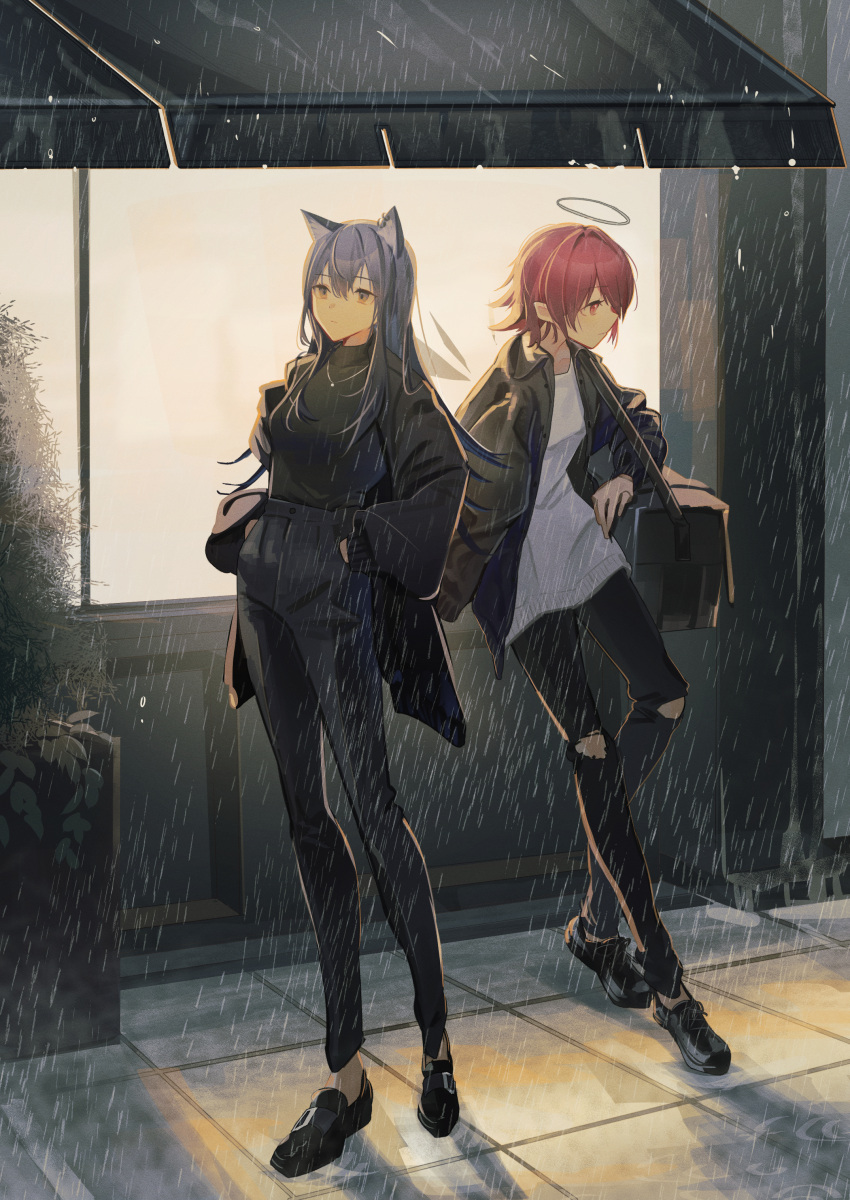 2girls, absurdres, arknights, awning, bag, black_bag, black_coat, black_footwear