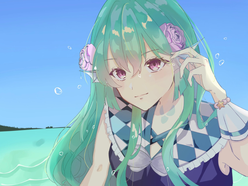 1girl, finana_ryugu, finana_ryugu_(1st_costume), fins, flower, frilled_sailor_collar, frills, green_hair