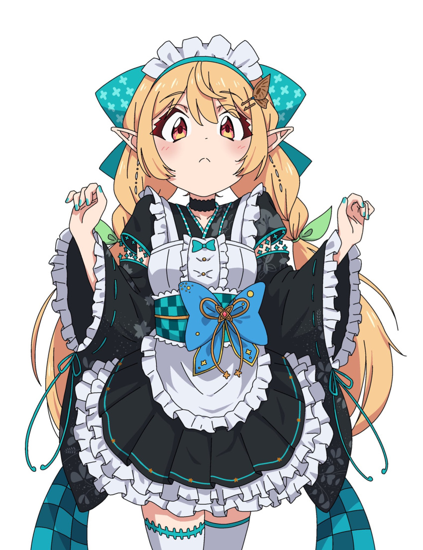 1girl, apron, black_choker, black_kimono, blonde_hair, blue_bow, bow, braid, checkered_sash, choker, commentary, english_commentary, frilled_kimono, frills, green_bow, green_sash, hair_bow, highres, japanese_clothes, kimono, long_hair, maid, maid_apron, maid_headdress, nijisanji, nijisanji_en, obi, official_alternate_costume, orange_eyes, pointy_ears, pomu_rainpuff, pomu_rainpuff_(2nd_costume), rachel_(rakkuaa), sash, short_kimono, solo, thigh-highs, twin_braids, twintails, virtual_youtuber, wa_maid, white_thighhighs, zettai_ryouiki