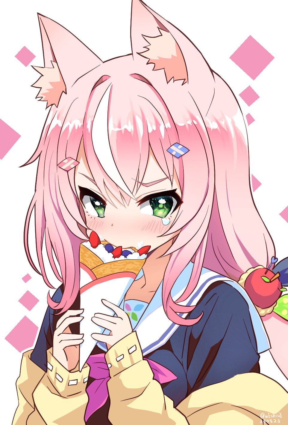 1girl, animal_ear_fluff, animal_ears, blush, cardigan, cat_ears, cat_girl, crepe
