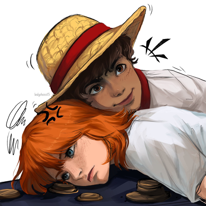 1boy, 1girl, anger_vein, brown_hair, closed_mouth, freckles, frown, green_eyes, highres, leslychoco15, medium_hair, monkey_d._luffy, nami_(one_piece), one_piece, one_piece_(live_action), orange_hair, scar, scar_on_face, shirt, short_hair, simple_background, smile, upper_body, white_background, white_shirt