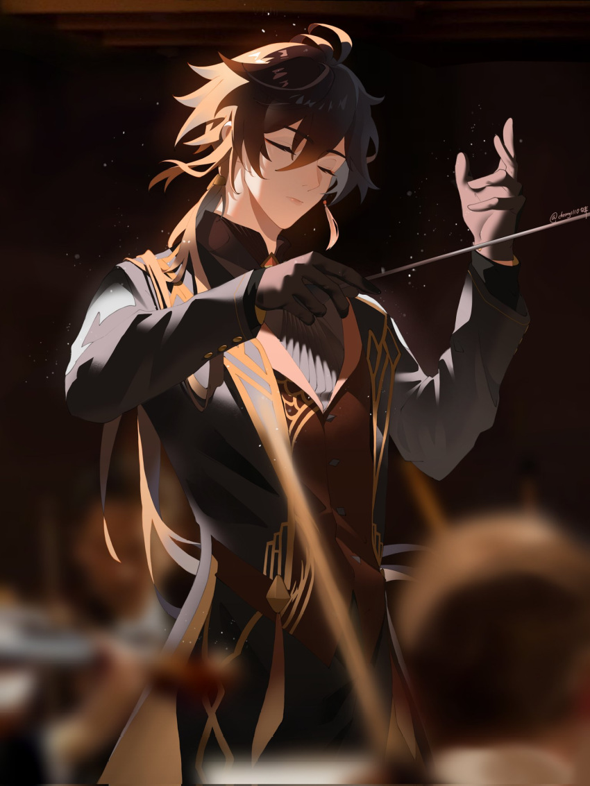 1other, 2boys, antenna_hair, artist_name, black_gloves, black_pants, black_shirt, blonde_hair