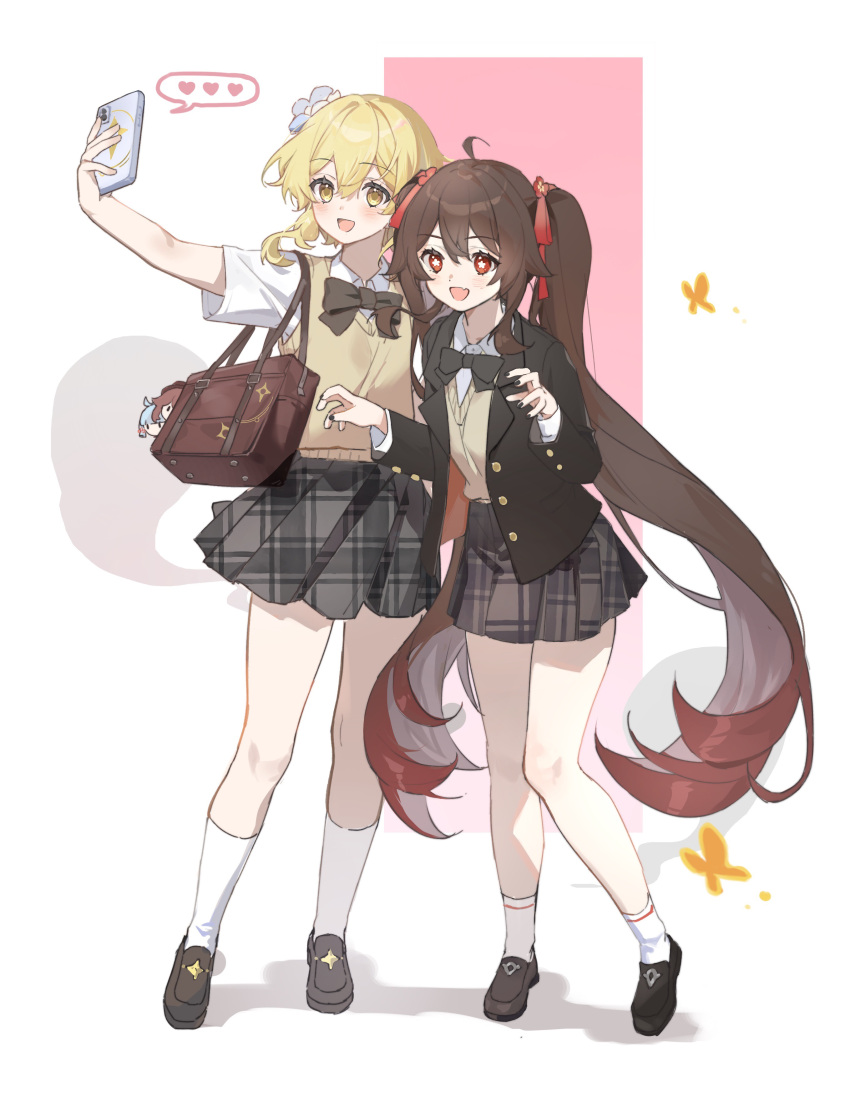2girls, absurdres, alternate_costume, black_bow, black_bowtie, black_footwear, black_nails, blonde_hair