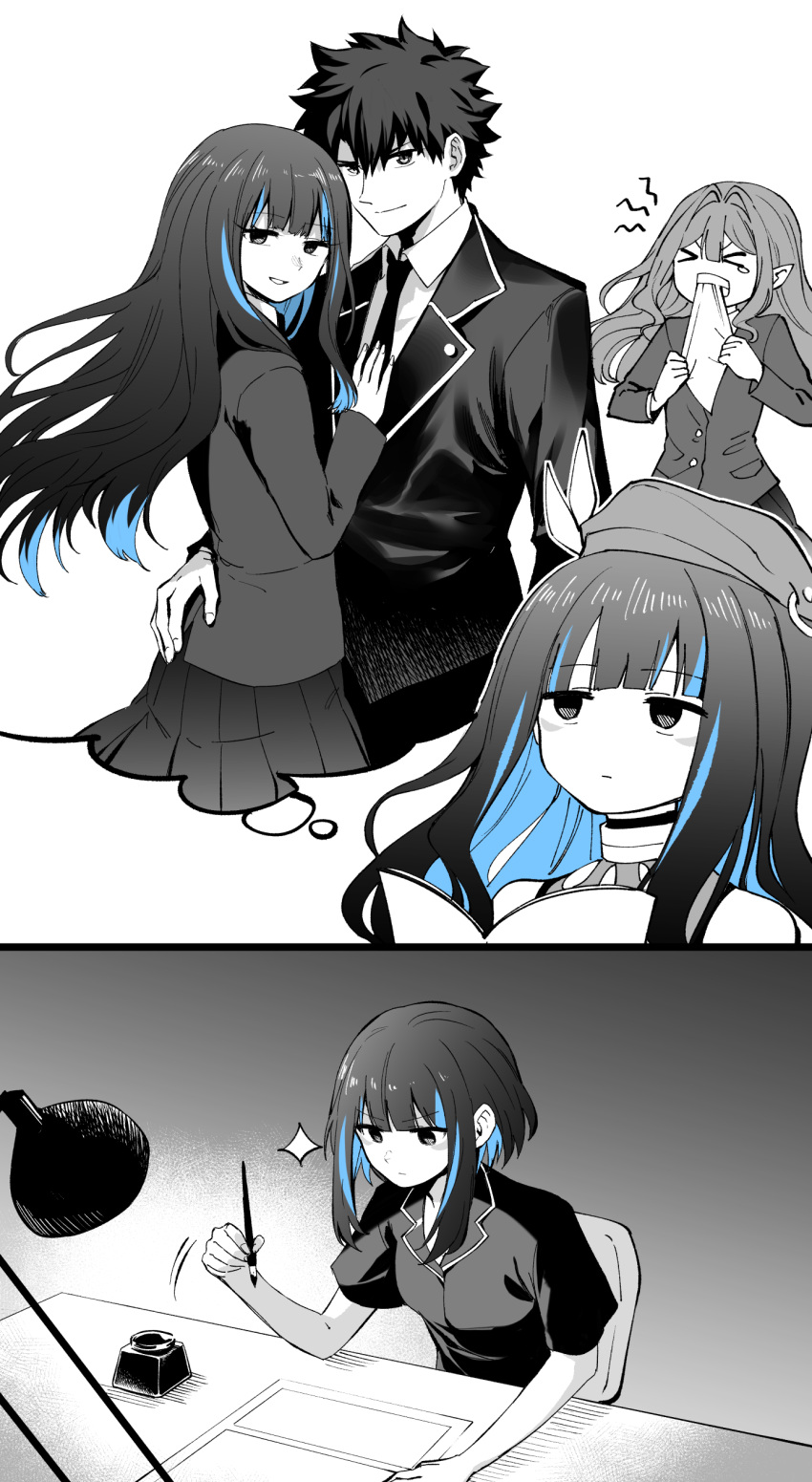 >_<, 1boy, 2girls, absurdres, baobhan_sith_(fate), biting, biting_clothes, blue_hair