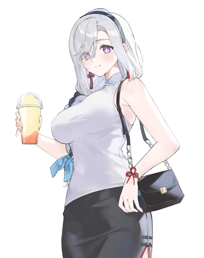 1girl, absurdres, alternate_costume, bag, black_skirt, braid, breasts, closed_mouth