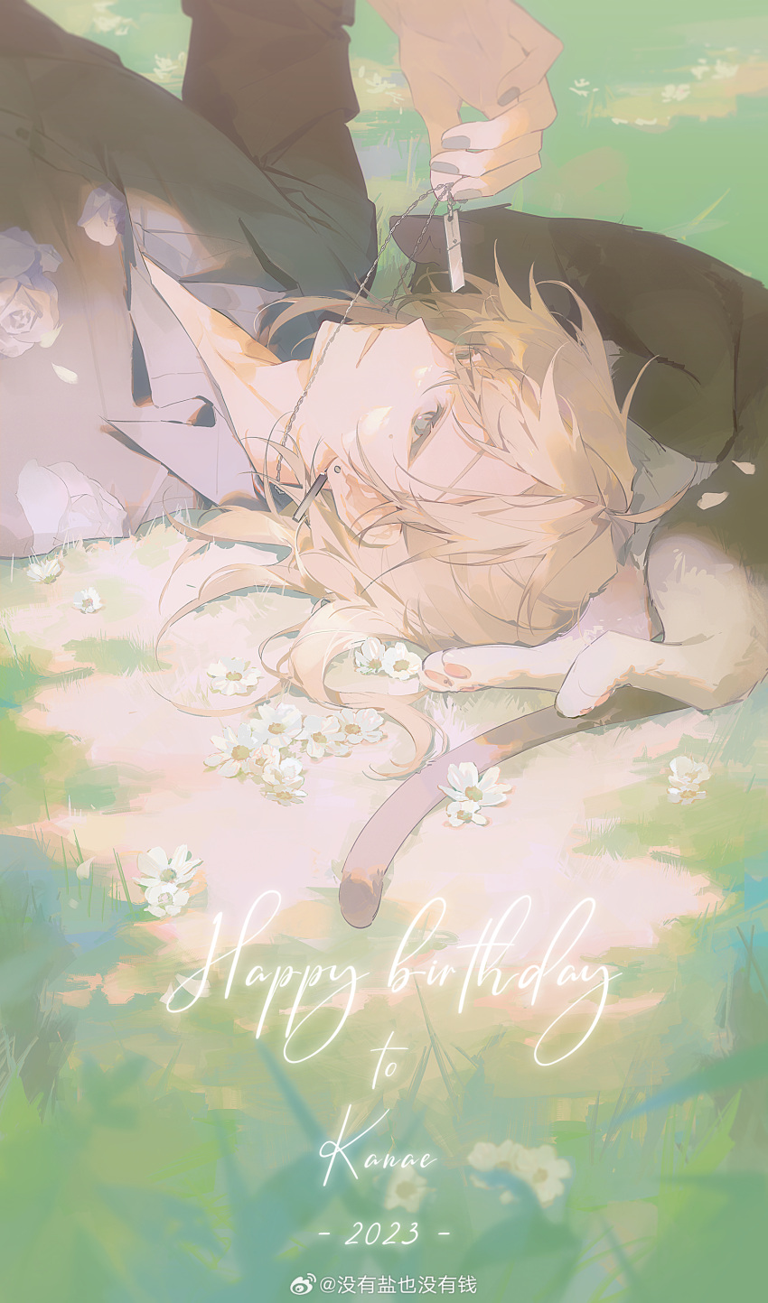 1boy, absurdres, bishounen, cat, chain, ctrl_(821642), daisy, day