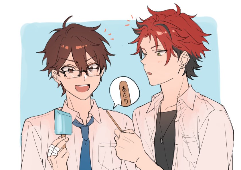 2boys, bandaged_fingers, bandages, black-framed_eyewear, blue_necktie, breast_pocket, brown_hair, collared_shirt