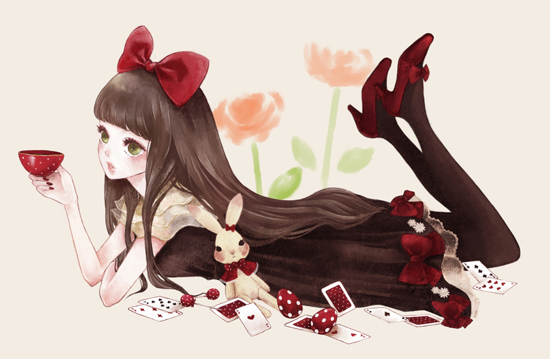 bow, brown_hair, card, cards, dress, hair_bow, holding, holding_card
