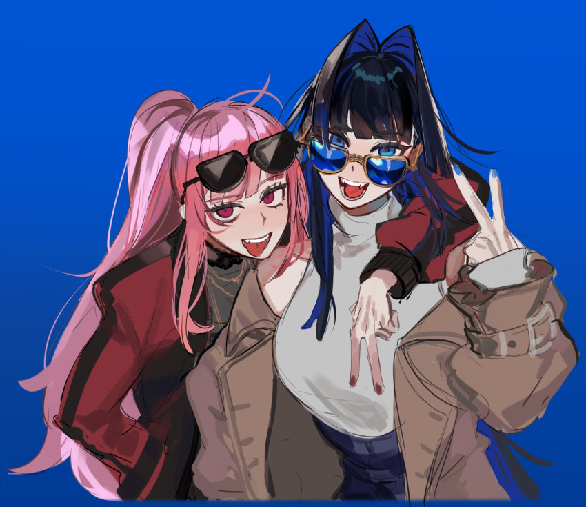 2girls, arm_around_shoulder, blue-tinted_eyewear, blue_background, blue_eyes, blue_hair, brown_jacket, colored_inner_hair