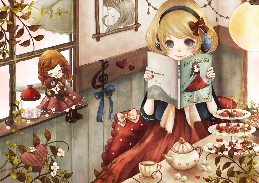 blonde_hair, book, cup, doll, flower, food, fruit, headphones, heart, macaron, original, reading, ribbon, shindog, strawberry, sugar_cube, sweets, teacup, teapot
