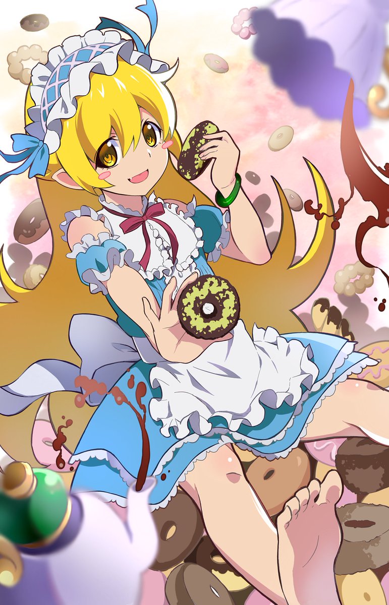 1girl, alternate_costume, apron, back_bow, bakemonogatari, bare_shoulders, barefoot, blonde_hair