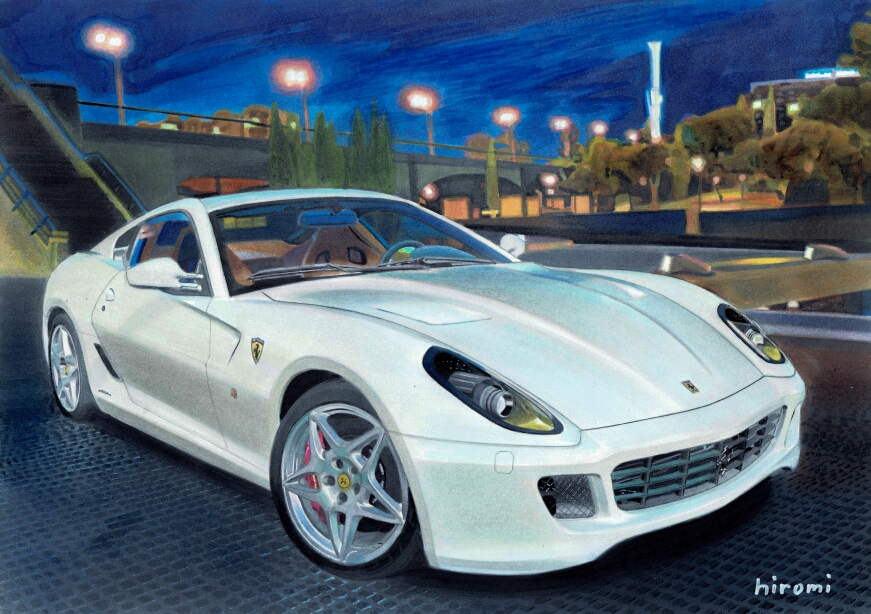 blue_sky, bridge, building, car, city, city_lights, commentary_request, ferrari, ferrari_599, hiromi_(yabai_car_sketch1534), motor_vehicle, night, night_sky, no_humans, original, outdoors, road, sky, sports_car, vehicle_focus, white_car