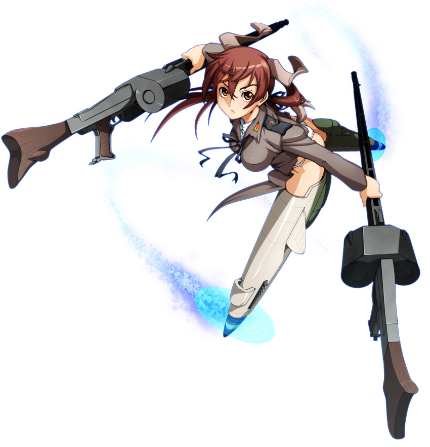 brown_hair, dual_drum_magazine, dual_wielding, gertrud_barkhorn, gun, highres, long_hair, machine_gun