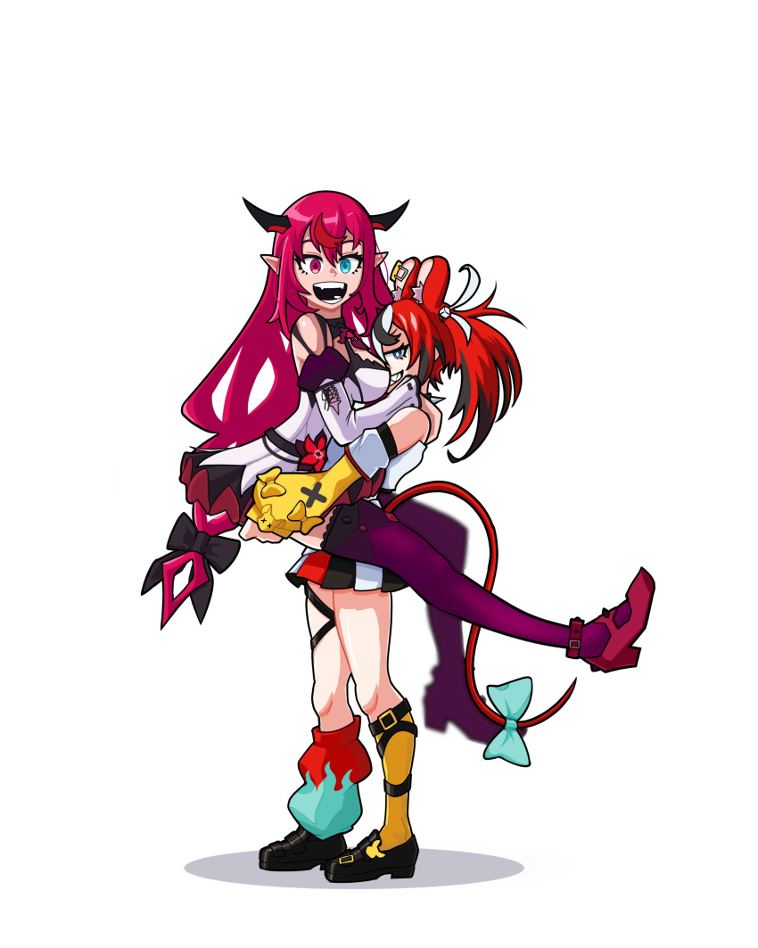 1girl, 2girls, absurdres, animal_ears, black_hair, blue_eyes, hair_ornament, hakos_baelz, heterochromia, highres, hololive, hololive_english, horns, irys_(1st_costume)_(hololive), irys_(hololive), lifting_person, long_hair, looking_at_viewer, mouse_ears, mouse_girl, multicolored_hair, multiple_girls, open_mouth, pointy_ears, purple_hair, redhead, rt_larey, shirt, simple_background, smile, streaked_hair, tail, twintails, very_long_hair, violet_eyes, virtual_youtuber, white_background, white_hair