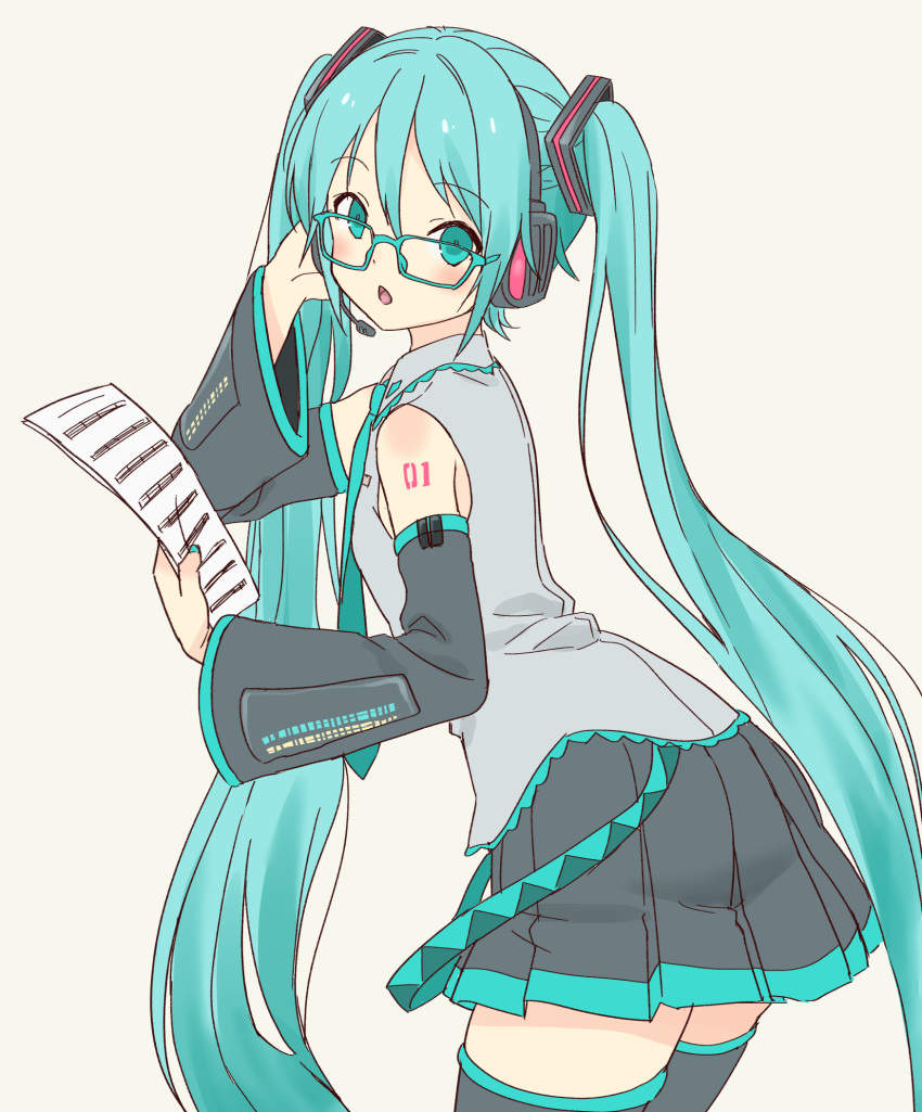 1girl, black_skirt, black_thighhighs, blue_eyes, blue_hair, blue_necktie, daipunch, detached_sleeves, glasses, hair_between_eyes, hair_ornament, hatsune_miku, headset, highres, holding, holding_paper, leaning_forward, light_blush, long_hair, long_sleeves, looking_at_viewer, looking_back, microphone, necktie, open_mouth, paper, pleated_skirt, simple_background, skirt, solo, thigh-highs, twintails, very_long_hair, vocaloid