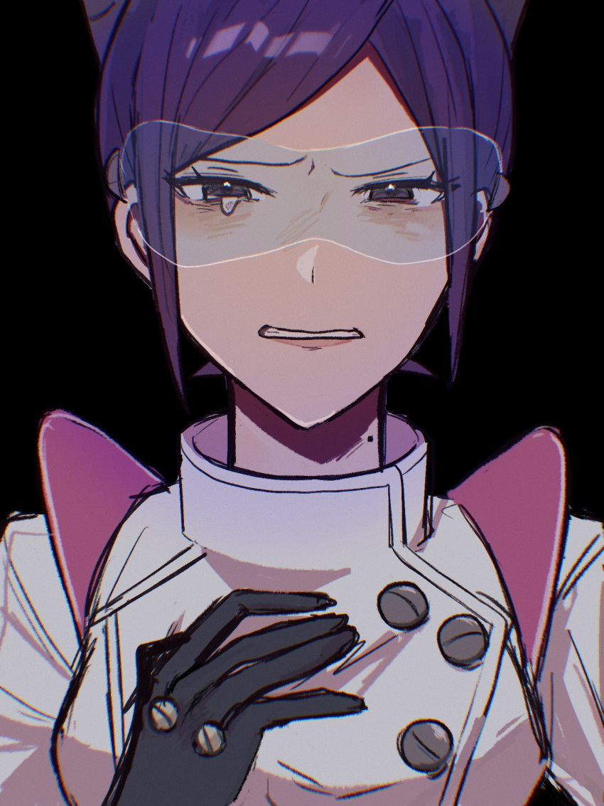 1girl, ace_attorney, aura_blackquill, black_background, black_gloves, blush, buttons, clenched_teeth