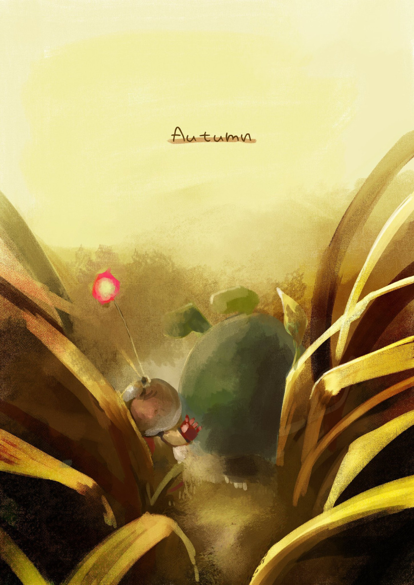 1boy, alien, autumn, backpack, bag, big_nose, blue_fur, brown_hair