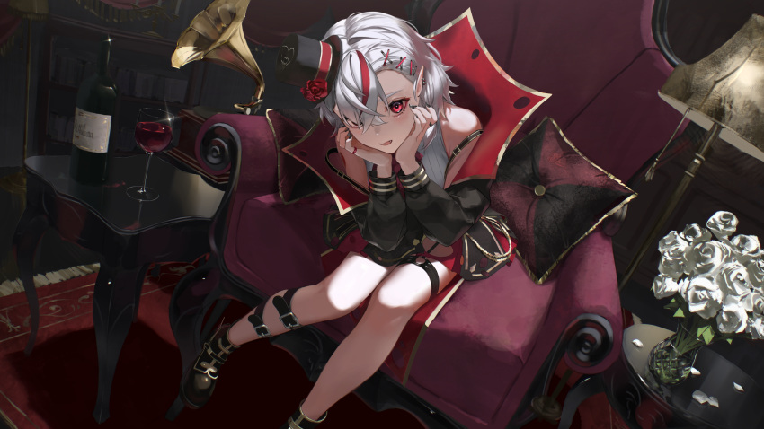 1girl, absurdres, aepro_corp, asymmetrical_bangs, black_footwear, black_nails, black_robe, black_skirt, bottle, cabinet, candle, candlestand, commentary_request, couch, cup, cushion, drinking_glass, earrings, fangs, flower, haibara_aepro, hair_ornament, hair_over_one_eye, hairclip, hat, head_on_hand, highres, jewelry, looking_at_viewer, medium_hair, on_couch, phonograph, pointy_ears, rasa_k, red_eyes, redhead, ring, robe, rose, shirt, sitting, skirt, solo, table, thigh_strap, top_hat, torn_clothes, torn_skirt, vampire, virtual_youtuber, white_flower, white_hair, white_rose, white_shirt, wine_bottle, wine_glass