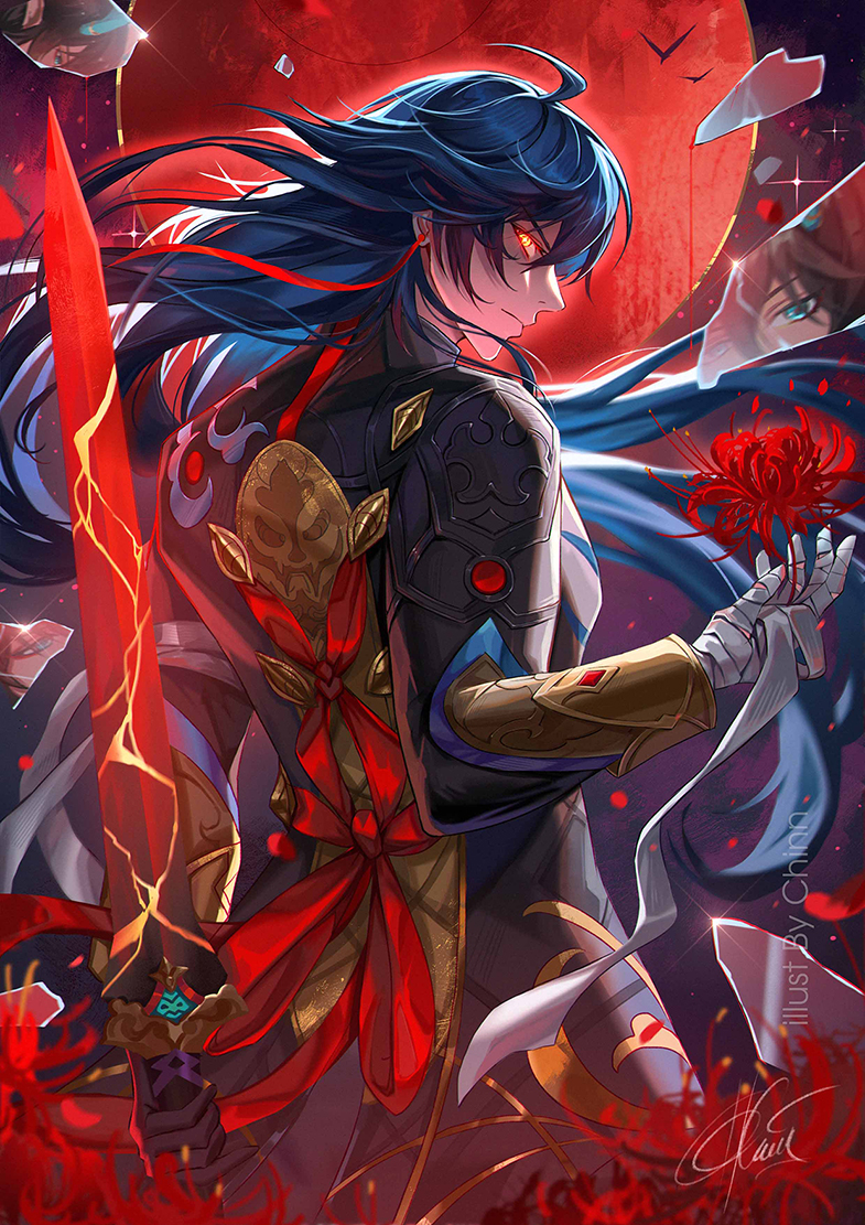 2boys, bandaged_hand, bandages, black_gloves, black_hair, blade_(honkai:_star_rail), chinese_clothes, chinnpou