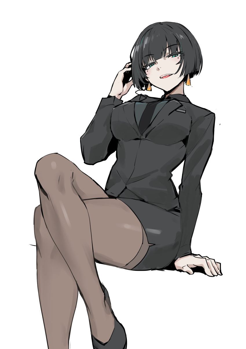1girl, adjusting_hair, allmind_(armored_core_6), arm_support, armored_core, black_eyes, black_hair, black_necktie