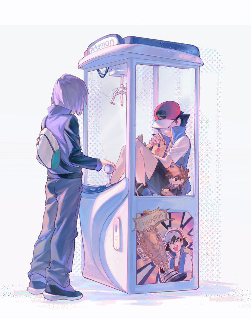 2boys, ash_ketchum, backpack, bag, black_hair, blue_vest, character_doll, commentary