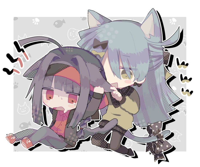 2boys, ahoge, animal_ears, bandana_obito, black_bow, black_hair, black_jacket, black_pants, black_ribbon, black_shirt, blue_hair, bow, braid, cat_boy, cat_ears, cat_tail, chibi, collared_shirt, grabbing_another's_ear, green_bow, green_eyes, green_sweater, grey_pants, haguro_ribon, hair_bow, hair_intakes, hand_on_another's_ear, headband, jacket, kneeling, long_hair, long_sleeves, male_focus, multiple_boys, no_nose, open_clothes, open_jacket, open_mouth, original, pants, polka_dot, polka_dot_ribbon, polka_dot_shirt, red_eyes, red_footwear, red_headband, red_shirt, ribbon, shirt, shoes, shout_lines, single_braid, sitting, smile, sneakers, sweat, sweater, tail, tail_ornament, tail_ribbon, usagi_nui