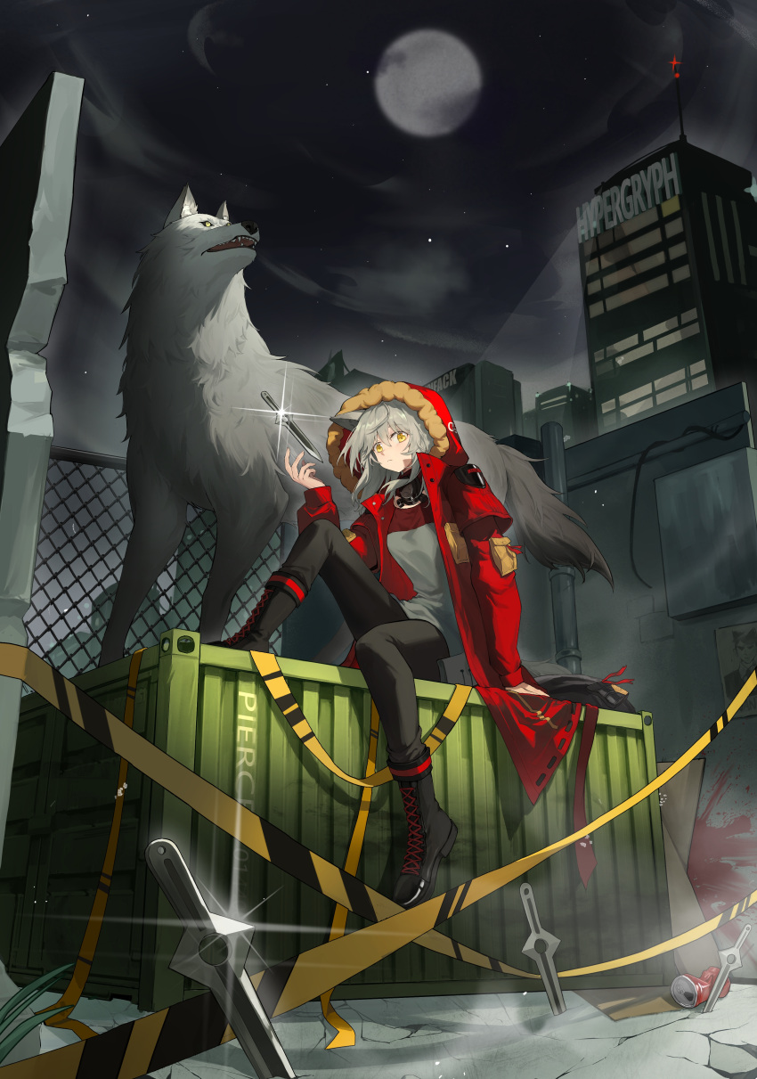 1girl, :<, absurdres, animal_ears, arknights, arm_support, black_footwear, black_pants
