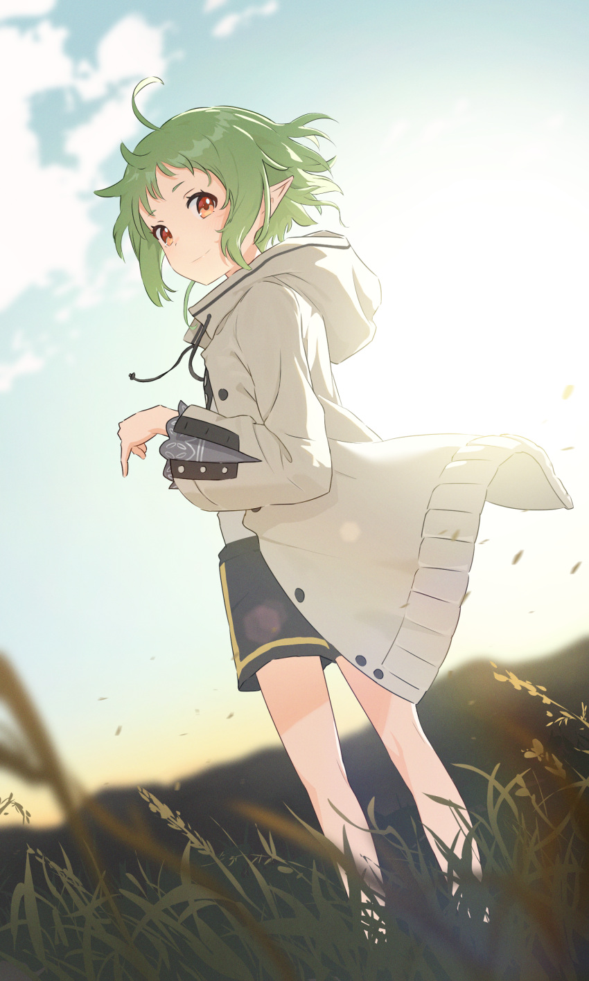 1girl, absurdres, ahoge, black_shorts, clouds, day, e_ga_ku, elf