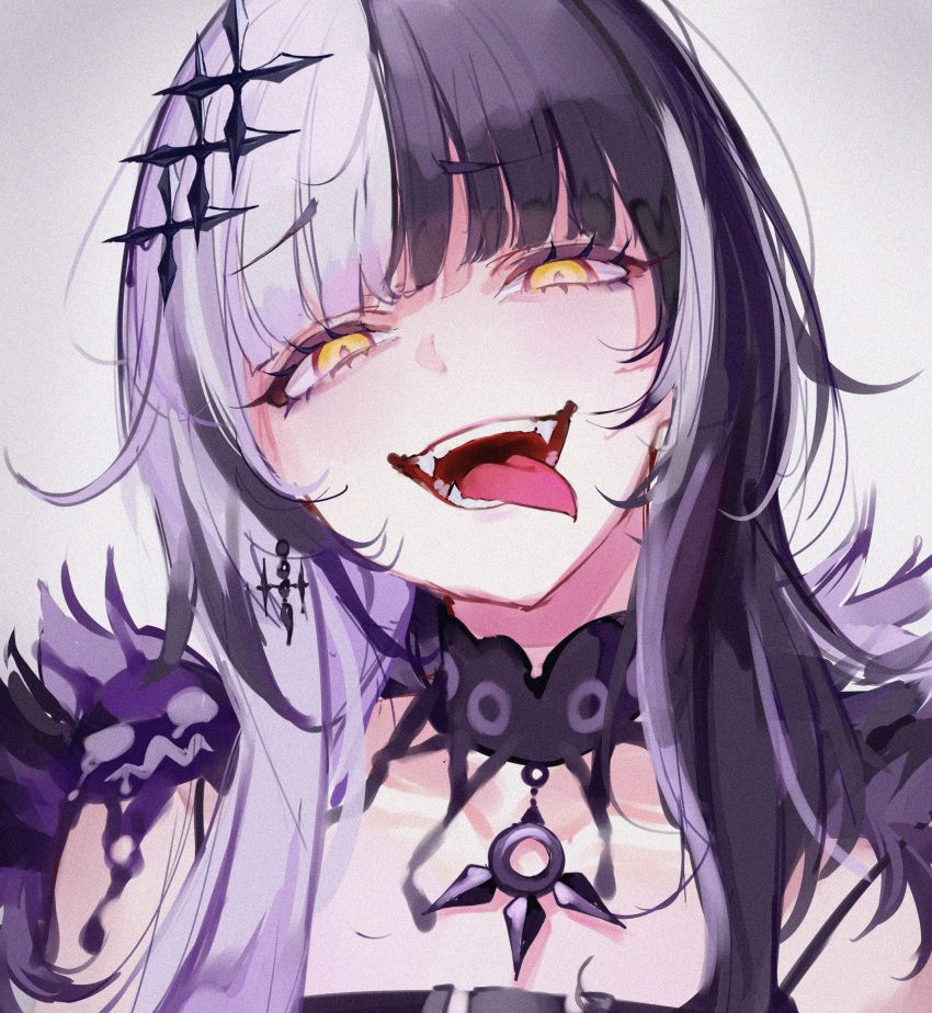 1girl, alternate_hair_color, black_choker, black_hair, blunt_bangs, choker, collarbone, crazy