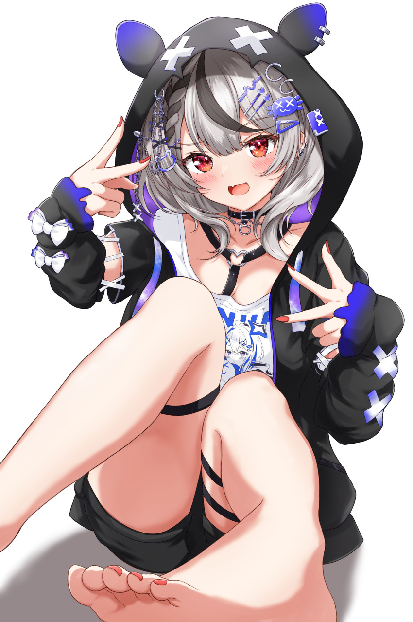 1girl, :d, absurdres, amane_kanata, amane_kanata_(6th_costume), amane_kanata_(cosplay), animal_hood, barefoot, black_hair, black_hoodie, black_shorts, blush, braid, choker, commentary_request, cosplay, earclip, fang, feet, foot_out_of_frame, foreshortening, grey_hair, hair_ornament, highres, hololive, hood, hoodie, jacket, knees_up, legs, long_sleeves, looking_at_viewer, medium_hair, multicolored_hair, nail_polish, open_clothes, open_jacket, red_eyes, red_nails, rinkaa_(lovelive765pro2), sakamata_chloe, shorts, simple_background, sitting, skin_fang, sleeve_bow, smile, solo, streaked_hair, thigh_strap, toenail_polish, toenails, toes, v, virtual_youtuber, w, white_background