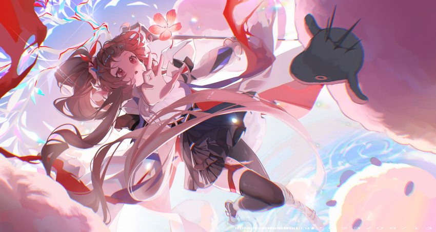 1girl, absurdres, arknights, black_skirt, brown_eyes, brown_hair, chestnut_mouth, chinese_commentary, commentary_request, crown, dated, dolly_(arknights), eyjafjalla_(arknights), eyjafjalla_the_hvit_aska_(arknights), flower, full_body, highres, holding, holding_staff, long_hair, long_sleeves, official_alternate_costume, ponytail, procreate_(medium), reaching, red_flower, ripples, sheep, shirt, shoes, skirt, solo, staff, very_long_hair, water, white_footwear, white_shirt, xianyu_guguzi